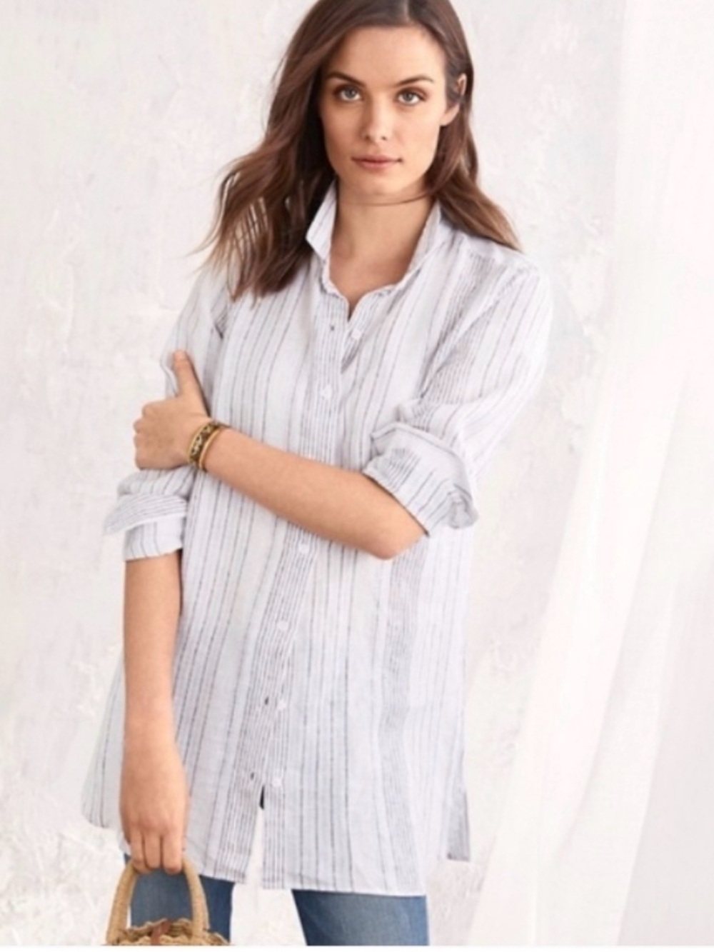 Garnet Hill 100% Linen Button Front Blouse Striped Relaxed Fit Size Petite Small